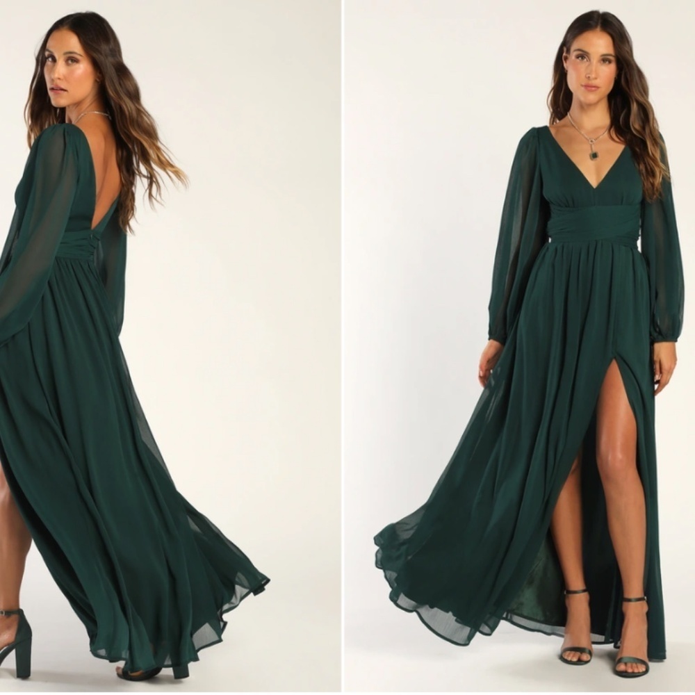 LULU's Sexy Elegant Long Sleeve Romantic Flowy Bridesmaid Wedding Formal Gown - Picture 4 of 6